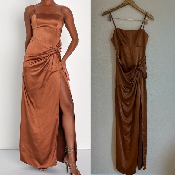 NWOT Celebrated Elegance Bronze Satin Twist-Front Maxi Dress - Picture 1 of 8